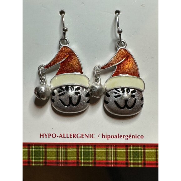 Christmas Cat Face Earrings Santa Hat Bell Silver Tone Hypoallergenic Seasonal - Picture 2 of 5